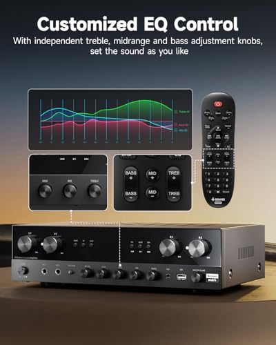 Donner Stereo Receivers Home Audio Amplifier, Premium 1000W Peak Power 4 Channel Amplifier with Bluetooth 5.3, USB, FM, 2 Mic-in, Echo, RCA, Optical/Coaxial Input for Home, Karaoke, Theater Speakers - size: 1000W