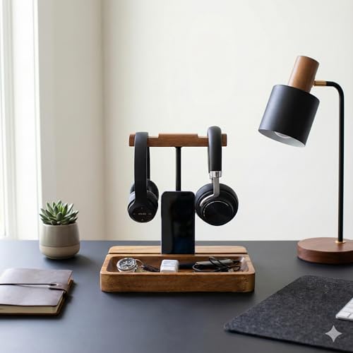 Dual Headphone Stand, Acacia Wood Holder for 2 Headsets, Phone & Tablet | Solid 1.5 in thick acacia wood dual headphone holder & device slot stand with tray for phone & tablet, office desk organizer - style: Dual Headphone Stand