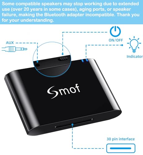 Smof 30 Pin Bluetooth Adapter Receiver | Compatible with Bose iPod iPhone JBL SoundDock, Not for Cars or Motorcycles
