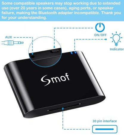 Smof 30 Pin Bluetooth Adapter Receiver | Compatible with Bose iPod iPhone JBL SoundDock, Not for Cars or Motorcycles