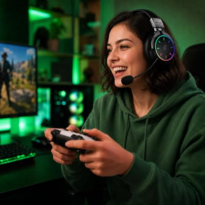 syndesmos 2.4GHz Wireless Gaming Headset for PS5, PC, PS4 | RGB Light, 40 HR Battery, 7.1 Surround Sound, Low Latency Bluetooth 5.4 Gaming Headphones with Mic Black