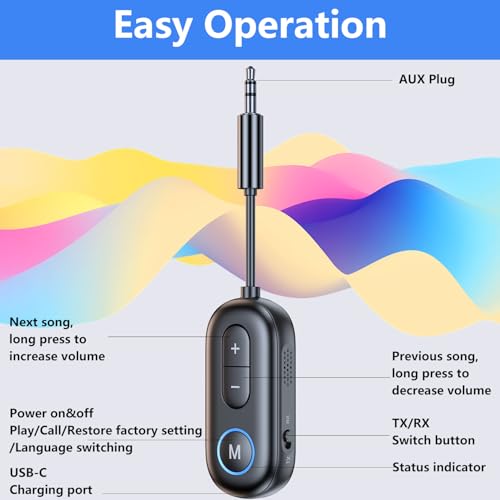 SYENGKKY Bluetooth 5.4 Transmitter Receiver - 2-in-1 Bluetooth Wireless Audio Transmitter for Headphones or BT Devices - 3.5mm Audio Jack Adapter for TV, Airplane, Car, PC, Gym Equipment, Switch