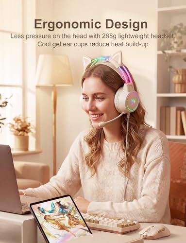 Lightweight Gaming Headset, RGB Lighting, Wired Over Ear Headphones with Mic for PC Laptop PS4 PS5 Switch, Stereo Surround Sound, Self-Adjusting Headband, Beige Cat Ear - color: Beige Cat Ear