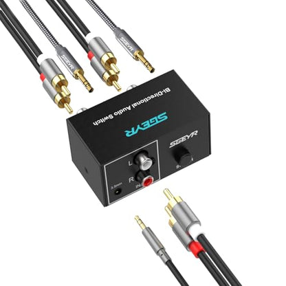 SGEYR RCA Switch 2 in 1 Out RCA switcher Selector 3.5mm Aux + RCA L/R Bi-Directional Stereo Audio Switcher A/B Analog Audio Switcher Black Metal Case
