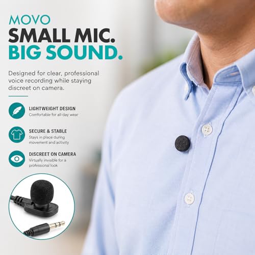 Movo LV-M5 4FT Pin-On Lavalier Microphone with 3.5mm TRS Connector – Clip-On Lav Mic for DSLR Cameras, Camcorders & Audio Recorders – for Interviews, Video Recording & Filmmaking