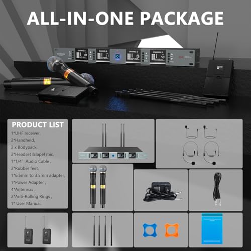 Wireless Microphone System, 4-Channel UHF Wireless Mic Set with 2 Handheld Mics, 2 Bodypack Mics, 328Ft Range, 4x60 Frequencies, Metal Cordless Microphone for Singing, Church, Karaoke