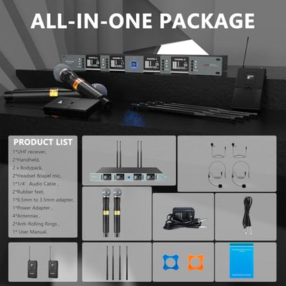 Wireless Microphone System, 4-Channel UHF Wireless Mic Set with 2 Handheld Mics, 2 Bodypack Mics, 328Ft Range, 4x60 Frequencies, Metal Cordless Microphone for Singing, Church, Karaoke