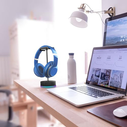 Rotating Headphone Display Stand for Desk with LED Lights - Spinning Gaming Headset Stand (Black)