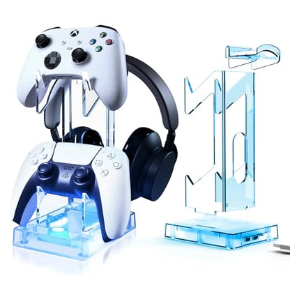 Joso Controller Holder with RGB Light, 2 Tier Acrylic Gaming Controller Stand for PS5/PS4/PS Portal/Xbox/Switch, Gaming Headset Gamepad Stand Accessories for Desktop Gamer, Universal Design