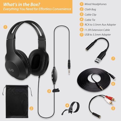 20Ft Extra Long Cord Headphones for TV with 3.5mm AUX, RCA & USB Connection | 3.5mm Wired TV Headphones with Inline Volume Control & Extension Cable, AUX, RCA & USB Input for Most TVs, Senior Friendly
