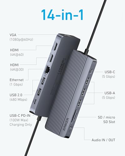 Anker Laptop Docking Station, 14 in 1 USB C Hub, Triple Display with 2 x 4K HDMI, 1080p VGA, 80W Power Delivery, 5Gbps USB-A/C Data Ports for Dell XPS and More (Charger not Included) (Pack of 2) - size: 14 in 1 USB C Hub (Pack of 2)