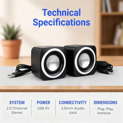 Basics Stereo 2.0 Speakers for PC or Laptop with Volume Control,USB-Powered, 1 Pair, Black - color: Black