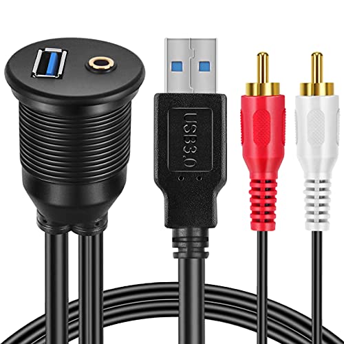 USB 3.0 and 2 RCA Male to 3.5mm Female AUX Flush Mount Cable, 3 ft | USB 3.0 Male to Female, 2 RCA Male to 3.5mm Female AUX, Dashboard Panel Mount, Extension Cable