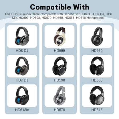 Replacement Audio Upgrade Cable for Sennheiser HD8 DJ, HD7 DJ, HD6 Mix, HD599, HD598, HD579, HD569, HD558 Headphones, 2.5mm to 3.5mm Aux Cord with 6.35mm Adapter Retractable Coiled Design (4FT-15FT)