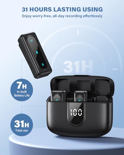 Wireless Lavalier Microphone for iPhone, Android & Laptops, Noise Cancellation, Auto Pairing, 24H Battery Life with Charging Case, USB C Mini Microphone for Vlogs, Interview, Podcasts, Live Streaming