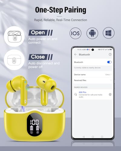 Wireless Earbuds, Bluetooth 5.4 Headphones Bass Stereo/Clear Calls, Yellow | Ear Buds with Noise Cancelling Mic LED Display in Ear Earphones IP7 Waterproof 36H Bluetooth Earbuds for Phones/Sport/Laptop - color: Yellow