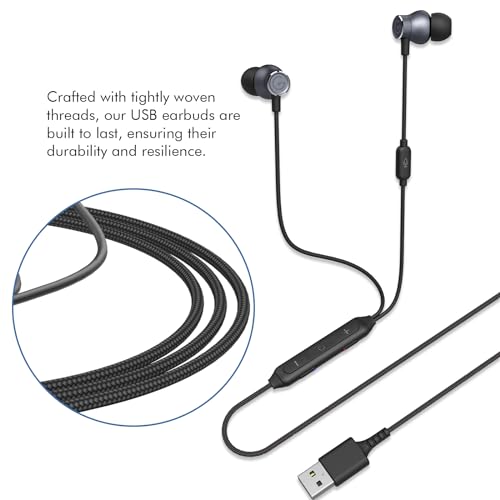 GEVO USB Earbuds with Microphone for PC Laptop, Wired USB Computer in-Ear Headphone 2M/6.6FT Wired Earphones with Volume Controls & Mute Fuction Noise Cancelling Mic for Office Live Gaming Headset