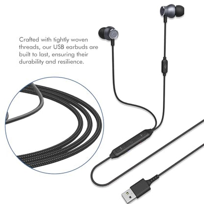 GEVO USB Earbuds with Microphone for PC Laptop, Wired USB Computer in-Ear Headphone 2M/6.6FT Wired Earphones with Volume Controls & Mute Fuction Noise Cancelling Mic for Office Live Gaming Headset