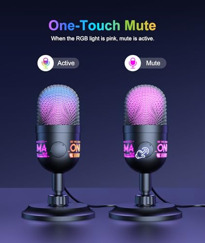 USB Gaming Microphone, RGB Condenser Mic for PC PS4 PS5 Mac, Plug & Play, Tap to Mute, Gain Control, Zero-Latency Monitoring for Streaming Podcasting Recording