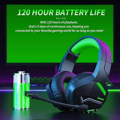 BINNUNE 2.4GHz Wireless Gaming Headset, Bluetooth 5.3 Gaming Headphones with Noise Canceling Mic, 120H Ultra-Long Battery, 50mm Drivers, Multi-Platform for PC / PS5 /PS4/ Switch/Mobile, Green - color: Green