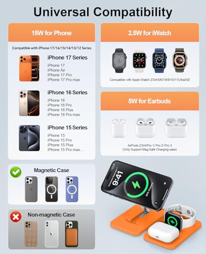 3 in 1 Magnetic Wireless Charger for Apple Multiple Devices, Foldable Fast Charging Station - Magsafe Charger Stand, Travel Charger Pad for iPhone 17 16 15 14 13 12 Series/Apple Watch/AirPods Orange | Magsafe Charger Stand for Multiple Devices, Travel Cha