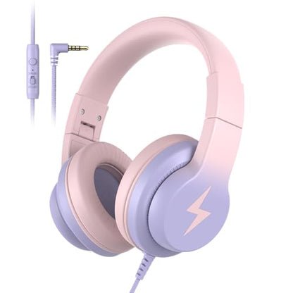 Candy Bila Wired Kids Headphones for School, Over-Ear for Boys Girls | Volume Limiter 85/94dB, HD Stereo Sound, Microphone and Wired Control, Foldable Design, Gradient Pink - color: Gradient Pink