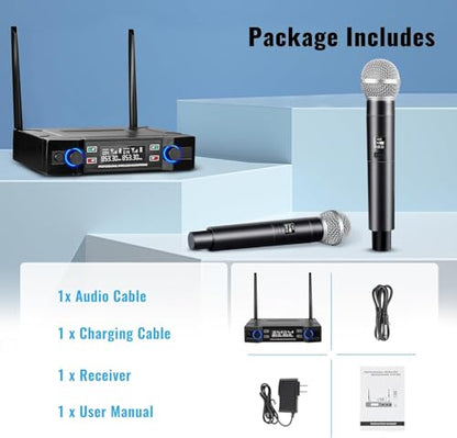 Wireless Microphone System，Dual VHF Dynamic Handheld Mic Set-W100U | SNR ≥110dB, 18dBm Transmission, 164ft Long Range, Plug & Play, Cordless Dynamic Microphones for Singing, Karaoke, Church, DJ