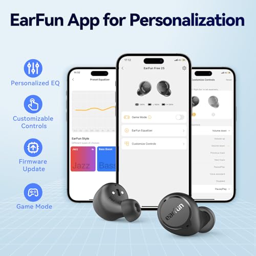 EarFun Free 2S Wireless Earbuds, Bluetooth Earbuds with Deep Bass | 4 Mics for Clear Call, Customizable EQ App, IPX7 Waterproof in-Ear Headphones, 30H Playtime, Wireless Charging - color: Black