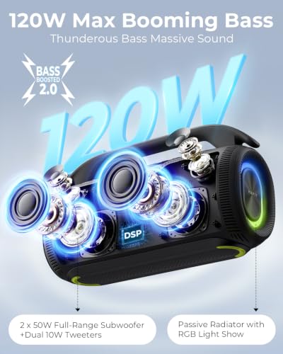 havit Outdoor Bluetooth Speaker, 120W Peak Loud Speakers with Deep Bass, Portable Wireless Speaker IPX6 Waterproof, RGB Light, 12H Playtime, TWS Stereo, EQ, for Party, Beach, Camping, Backyard, Garage