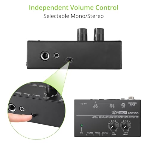 LiNKFOR MA400 Headphone Amplifier for XLR Microphone & Audio Signal with Volume Controls, 6.35mm & 3.5mm Headphone Outputs, Portable with 12V Power Supply