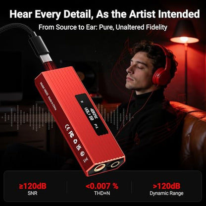 USB C DAC Headphone Amplifier, ES9028Q2M Portable HiFi DAC Amp, DSD256/PCM 384kHz 32Bit, 4.4mm Balanced & 3.5mm Outputs, USB DAC for iPhone 15/16, Android Phone, PC, Mac