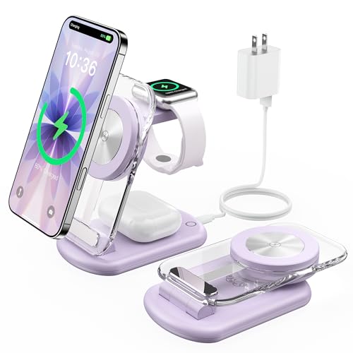3 in 1 Magnetic Wireless Charging Station for Apple Devices | Fast Travel Charger Stand with Night Light for MagSafe-enabled iPhone 17 16 15 14 13 12 Series, Apple Watch/AirPods Pro, PU - color: Purple