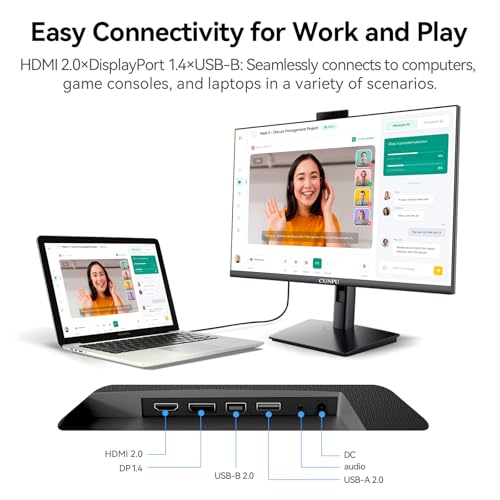 CUNPU 27 Inch Monitor with Camera, Computer Monitor with Built-in 5MP 2K Webcam and Stereo Mic & Speakers, QHD 1440P Vertical Monitor for Video Conferencing, HDMI, DP1.4 Port, Swivel Pivot Adjustable