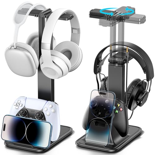 Height Adjustable Dual Headphone Stand, 360° Rotatable Gaming Headset Holder with Controller & Phone Stand, All-in-One Desk Organizer for PS5/Xbox/Switch Controllers/iPad, Desktop Game Accessories
