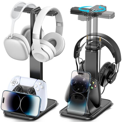 Height Adjustable Dual Headphone Stand, 360° Rotatable Gaming Headset Holder with Controller & Phone Stand, All-in-One Desk Organizer for PS5/Xbox/Switch Controllers/iPad, Desktop Game Accessories