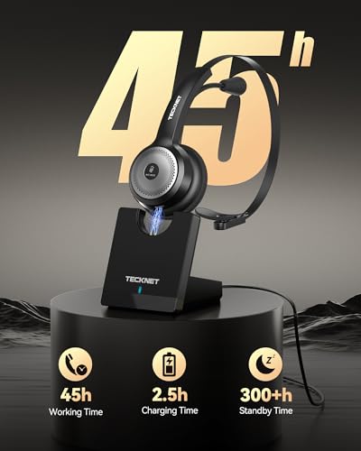 TECKNET Wireless Headset for Work Bluetooth Headphones with Mic USB Dongle | 45Hrs Worktime, AI Noise Cancelling, Charging Base, Computer Headset for PC Laptop Calls, Meetings and Office Use