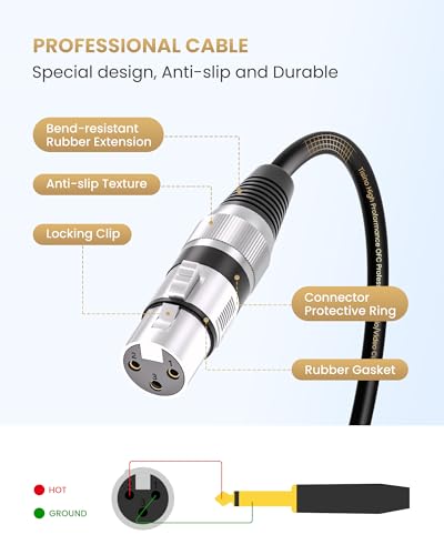 Tisino 암 XLR - 0.6cm(0.25인치) TS 모노 잭 언밸런스 마이크 케이블, 3m(10피트) | XLR 암 - 다이나믹 마이크/믹서/스피커용 1/4 모노 잭 오디오 케이블, 20AWG 금 도금 OFC 차폐 마이크 코드 - size: 10피트