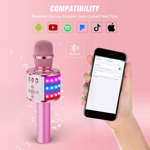 BONAOK Karaoke Microphone for Kids & Adults - Bluetooth Microphones Singing Mic with Disco Lights, Echo Effect, Built-in Speaker Portable Karaoke Player for Party Travel Gifts Q78(Light Pink) - color: Light Pink