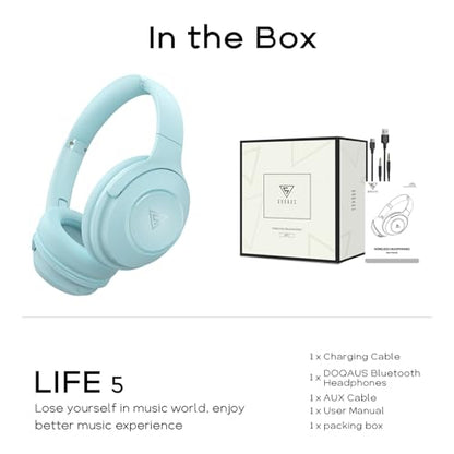 DOQAUS Bluetooth Headphones Over Ear, 70H Playtime,3 EQ Modes, with ENC Mic | HiFi Stereo Sound, Deep Bass, Soft Memory Foam Earpads, Headphone Wireless for Phone PC Travel Home Office, Blue - color: Light Blue