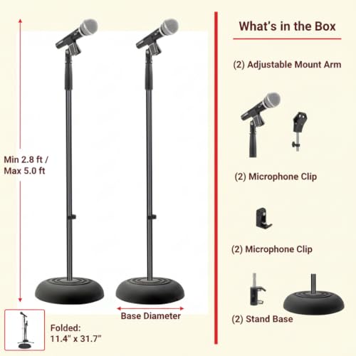 Pyle Universal Microphone Stand - Handheld Mic Compatible, Heavy Compact Base, Lightweight & Compact Design, 2.8 to 5 Ft Height Adjustable Clamp, Pivot Angle Clip, Home/Studio Use (Pair) - size: 2 Count ( Pack of 1)