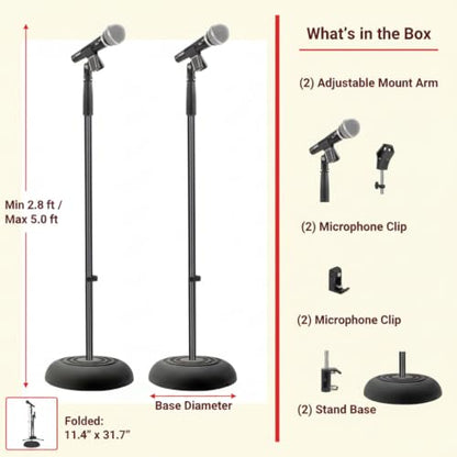 Pyle Universal Microphone Stand - Handheld Mic Compatible, Heavy Compact Base, Lightweight & Compact Design, 2.8 to 5 Ft Height Adjustable Clamp, Pivot Angle Clip, Home/Studio Use (Pair) - size: 2 Count ( Pack of 1)