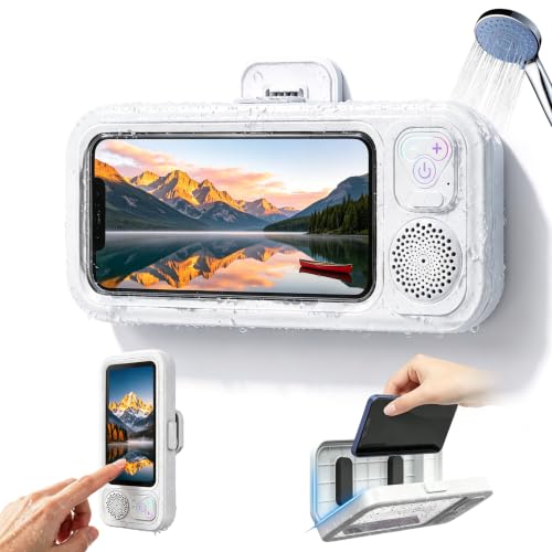 Waterproof Shower Bluetooth Speaker with Phone Holder, IPX5 Splash-Proof Wireless Bathroom Speaker for iPhone & Android, Touch Screen Shower Caddy with Strong Adhesive Hook