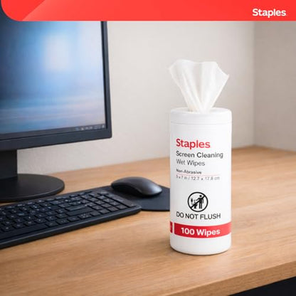 Staples Screen Cleaning Wipes, 100 Per Tub, 2-Pack | Safe for monitors, laptops, and electronics. Removes dust, smudges, and grime. - size: 100 Count (Pack of 2)