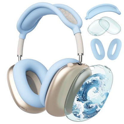 Blue Sea Waves Clear Case for Airpods Max Headphones Unique Ocean Print Soft TPU Ear Cups Cover Anti-Scratch Silicone Ear Pad Protective Case 53 Headband Cover for Apple Airpods Max - color: Blue waves 01
