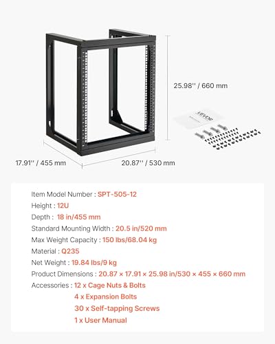 VEVOR 12U Open Frame Server Rack, Free Standing or Wall Mount Rack with 180 Degrees Gate Swing, Network Rack for 19" IT Equipment & A/V Devices - size: 12U Wall Rack