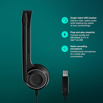 EPOS PC 7 USB Wired Headset – Lightweight Noise-Cancelling Boom Mic, Wideband Audio, Plug-and-Play USB-A, Crystal-Clear Calls for Skype, Zoom & Teams – Compatible with Windows, macOS, Chromeboo, Black - size: 1 Count (Pack of 1)