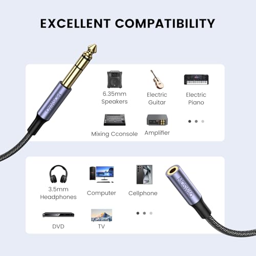 MOSWAG 6.35mm (1/4 inch) to 3.5mm (1/8 inch) Headphone Jack Adapter 10FT/3Meter 1/8 Female to 1/4 Male Extension Cable 3.5 to 6.35 for Mixer Guitar Piano Amplifier Speaker and More - size: 10FT/3Meter