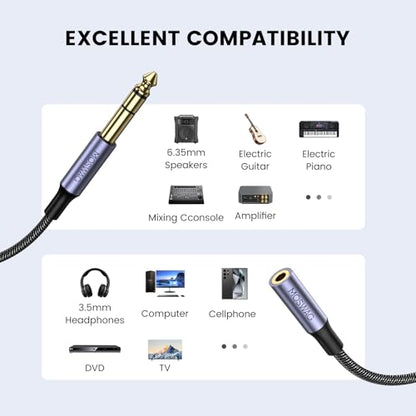MOSWAG 6.35mm (1/4 inch) to 3.5mm (1/8 inch) Headphone Jack Adapter 10FT/3Meter 1/8 Female to 1/4 Male Extension Cable 3.5 to 6.35 for Mixer Guitar Piano Amplifier Speaker and More - size: 10FT/3Meter