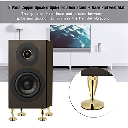 Speaker Spike Pad Kit,8 Pairs 6 X 36 mm Copper Speaker Spike Isolation Stand with Base Pad Feet Mat for Speaker, Amplifier, CD DVD Player, Turntable Recorder,Instrument