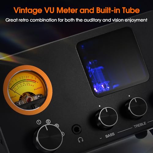 Douk Audio Vacuum Tube Preamp: Headphone Amp with VU Meter, 4-Way RCA Selector Switch Box, Preamplifier with Tone Control for Receivers, Amplifiers, Speakers, 16-600Ω Headphones (TUBE-T5C)